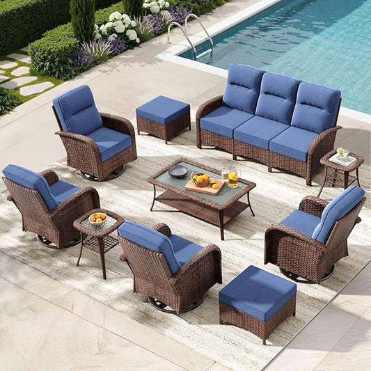 10-Piece Patio Furniture Set with 6-Inch Thick Cushions, High Back Outdoor Couch and Swivel Rocker Chairs, All-Weather Conversation Set for Porch, Deck, Yard, Pool in Blue