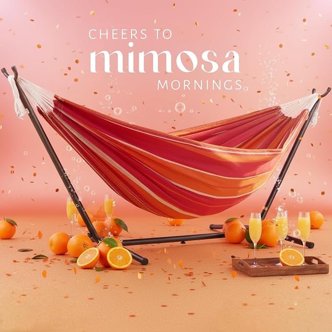Vivere Double Cotton Hammock with Space Saving Steel Stand, Upgraded Polyester End Strings 450 lb Capacity - Premium Carry Bag Included - USA Grown Cotton (Mimosa)