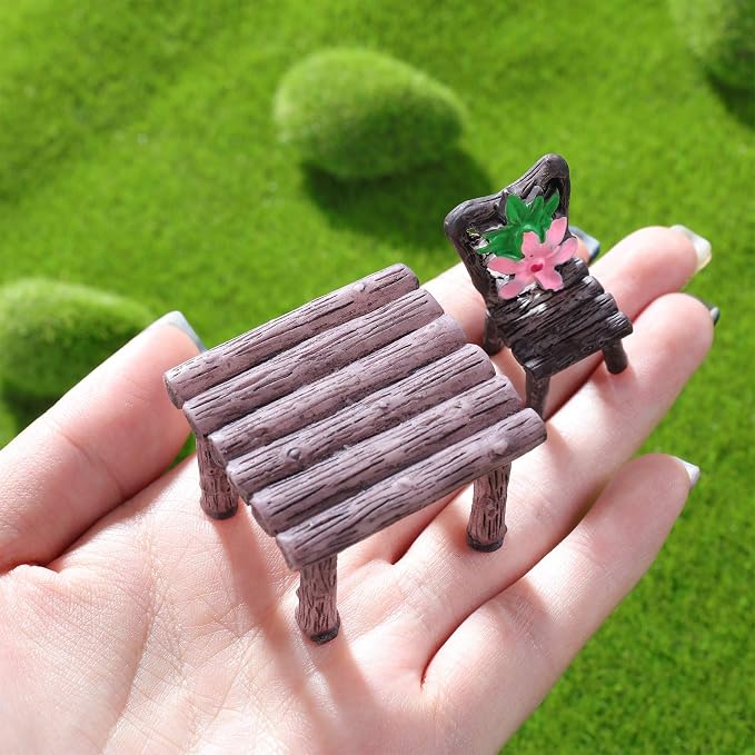 Skylety 12 Pieces Garden Furniture Ornaments Miniature Table and Chairs Set Village Micro Resin Bench Chair for Fairy Garden Accessories Home Micro Landscape Decor(Cute Style)