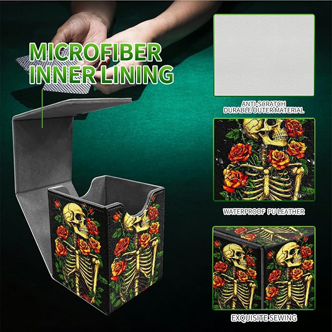 Deck Box for MTG, Cards Storage Box Fits 120+ Sleeved, Leather Medium Size Strong Magnetic Closing Card Case for Board Games Magic TCG CCG Baseball Collection, Skull Red Rose