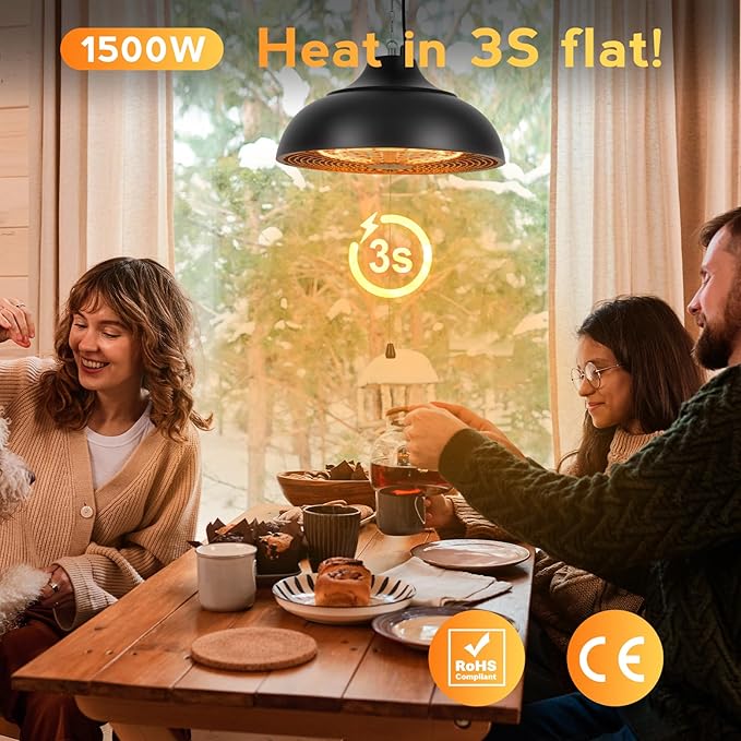 1500W Electric Hanging Patio Heater, 3S Instant Heat, Ceiling-Mounted Outdoor Heater with 3 Modes, Quiet Operation, Overheat Protection, IP55 Waterproof for Patio, Balcony (black, hanging)