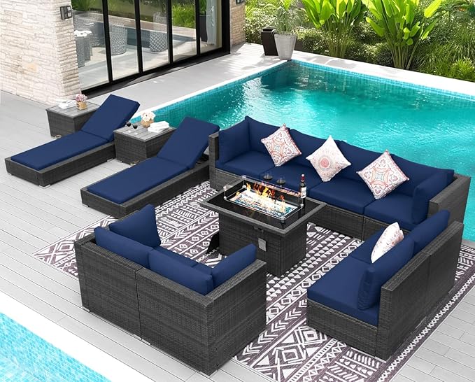 NICESOUL 13 Piece Outdoor Seating with Fire Pit Table, High-End Wicker Patio Furniture Set with Chaise Lounge, Comfy 29.3'' High Back Deep Sectional Sofa, All-Weather Backyard Sitting, Grey & Blue