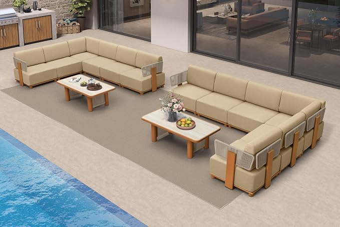 PURPLE LEAF Patio Furniture Set Modular L-Shaped Outdoor Sectional Sofa with 11" Thick Olefin Cushion 14-Piece Outdoor Conversation Set with Tables for Backyard Garden Poolside, Beige