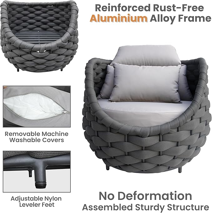 Lanai Outdoor Furniture Sofa Set: 6-Piece Aluminum Woven Rope Patio Conversation Set w/Table - Modern Cushions Couch Set - No Assembly Porch Seating for Deck Yard Garden Pool Hotel Resort