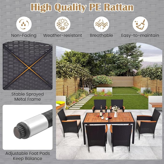 Tangkula 7 PCS Outdoor Dining Set, Patio Conversation Set with Acacia Wood Tabletop, Umbrella Hole, Removable Seat Cushions, Wicker Dining Table & Chair Set for Garden Yard Poolside