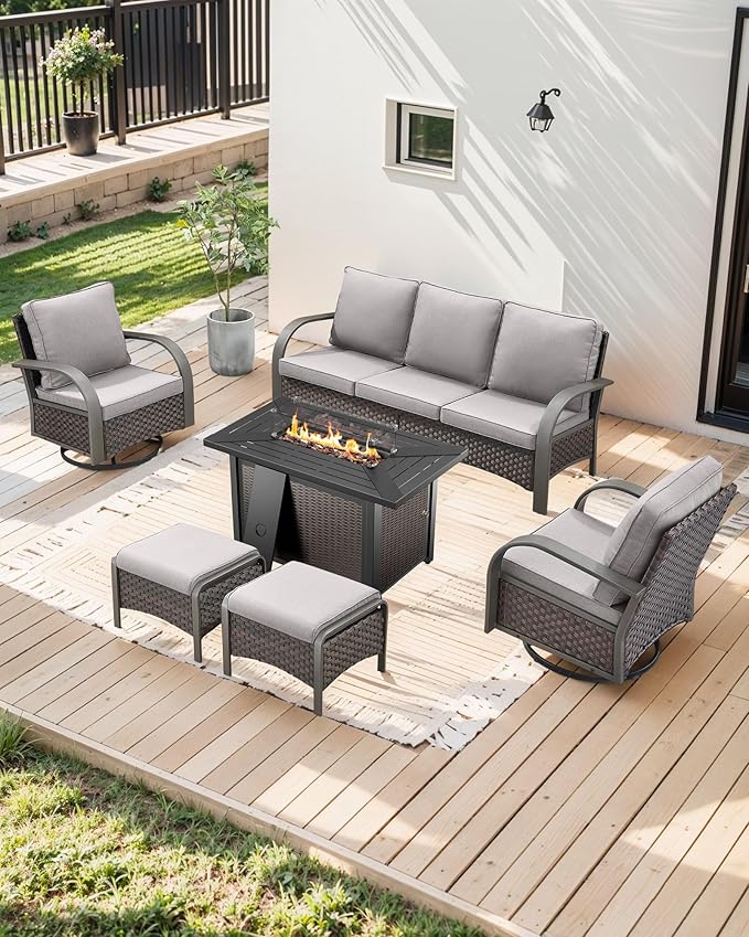 HUMMUH Patio Conversation Sets with Fire Pit-All Weather Wicker Outdoor Swivel Chair with Patio Couch Outdoor Patio Furniture for Deck Porch Garden Poolside Backyard-Brown/Grey