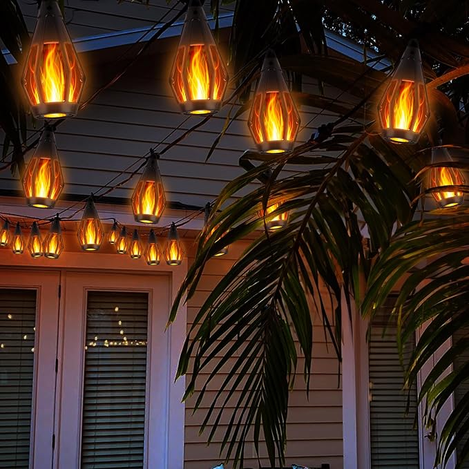 iBaycon Solar Flame String Lights, 42FT 15 LED Bulbs Waterproof, Warm White | Ultra-Real Flickering Flame Lamp Outdoor Waterproof, Solar Patio String Lights for Garden Yard Lawn Decorations