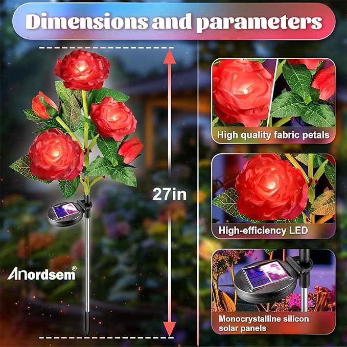 Anordsem Solar Garden Lights Outdoor: 20 Artificial Fabric Red Roses Flowers 4 Pack- LED Flower Decorations for Cemetery Grave Pathway Yard- Mothers Day Gifts for Women, Wife and Mother