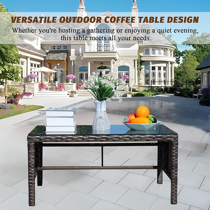 Outdoor Rattan Patio Side Tables, Wicker Table with Clear Tempered Glass Top, Patio End Tables with Storage Shelf, Outdoor Small Tables for Patio,Porch,Balcony,Backyard (Brown, 30.75 Inch)