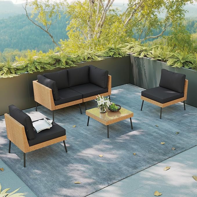 Aoxun Patio Furniture Set, 5 Piece Outdoor Sectional Sofas with Thick Cushion, Wicker Outdoor Patio Furniture Set with Coffee Table for Party, Garden, Backyard, Black
