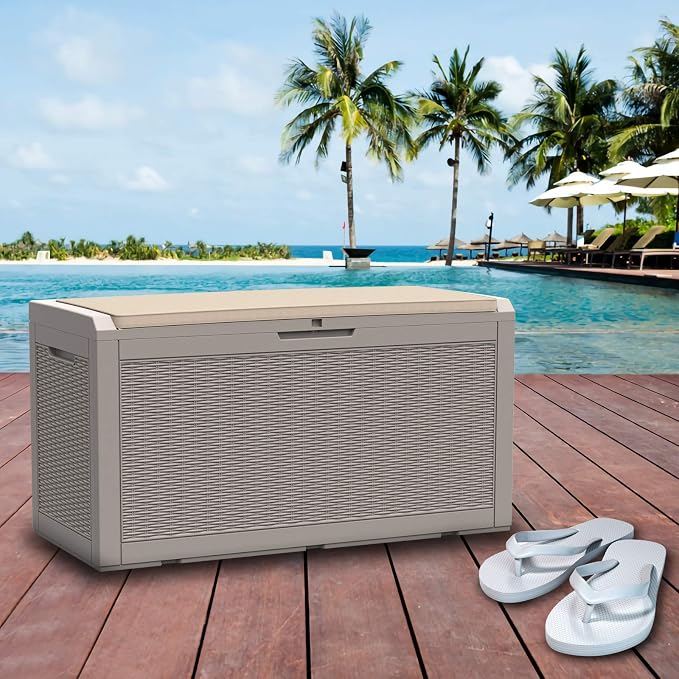 Modern-Depo 100 Gallon Deck Box Waterproof Outdoor Storage Bench | Polypropylene PP Pool Towel Storage Bin Porch Delivery Box with Seat Cushion, Gray