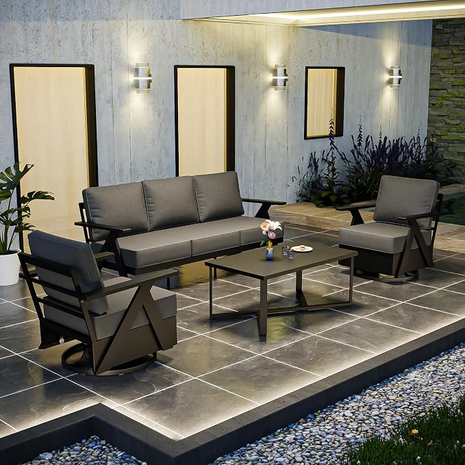 COOS BAY Iron Luxe 4 Piece Outdoor Patio Furniture Set, Modern Patio Conversation Set with 2 Swivel Rocking Chairs, a 3 Seat Couch & Coffee Table for Deck, Garden, Porch, Black/Gray