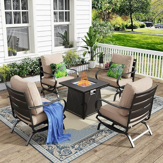 MFSTUDIO 5 Pieces Patio Conversation Sets, Outdoor Metal Furniture Sofas with 1 x 28 50,000 BTU Square Propane Fire Table and 4 x Wrought Iron Frame Rocking Chairs with Beige Cushion
