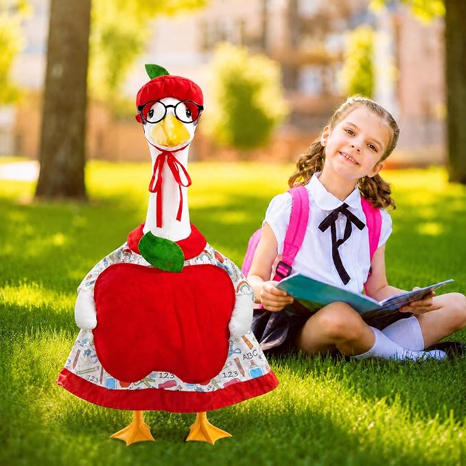 Watayo 3 Pcs Back to School Porch Goose Outfits, Classroom Apple Goose Clothes Set Includes Hat Clothes and Glasses, Funny School Goose Costume for 23" H Statue Outdoor Garden Yard Patio Lawn Decor