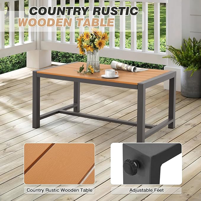 EROMMY 4 Pieces Outdoor Patio Furniture Set with Solid Wood Handrails, Plastic-Wood Balcony Furniture with Wicker Arm Panel, All-Weather Metal Patio Conversation Sets with Coffee Table and Cushion