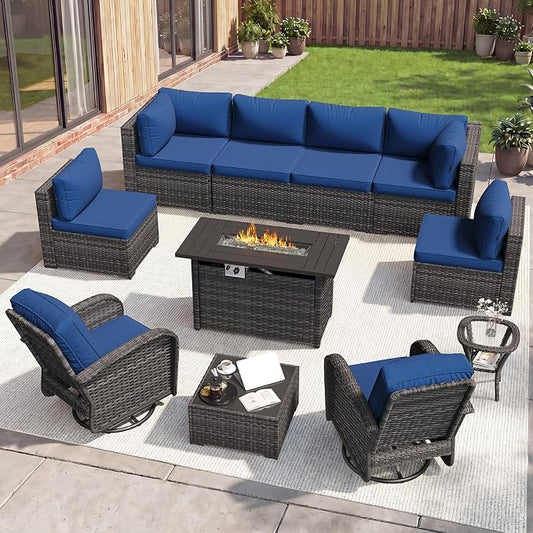 Aoxun 11 Piece Outdoor Patio Furniture Set with 44'' Fire Pit Table, Wicker Rattan Outdoor Furniture with High Back Swivel Rocker Chairs, Outdoor Sofa Set with Thick Cushion & Side Table, Navy Blue