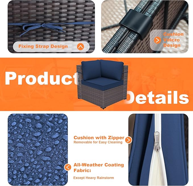 Patio Furniture Set with Fire Pit Table 13-Pieces Outdoor Sectional Furniture Outdoor Rattan Patio Conversation Sets with 43in Propane Gas Fire Pit Table and Glass Table, Navy Blue