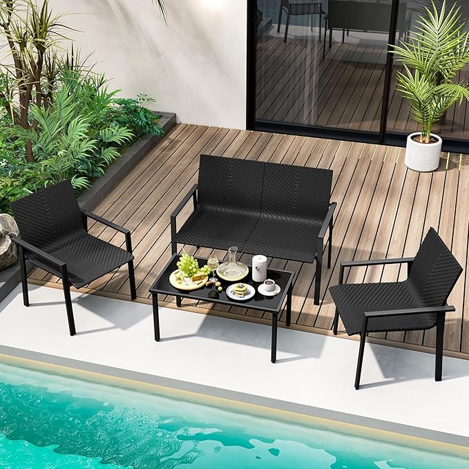 HAPPYGRILL 8 Pieces Wicker Patio Conversation Set with Coffee Table, PE Rattan Chairs with Galvanized Metal Frame, Outdoor Table and Chairs Set for Small Space, Balcony, Poolside, Backyard (Black)