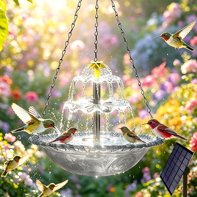 TUGFREE Solar Fountain for Bird Bath, Hanging Outdoor Water Feature with Solar Powered Cascade, Bird Bath Fountain for Garden Patio Yard - Decorative Circulating Bowl Attracts Wild Birds(Gray)