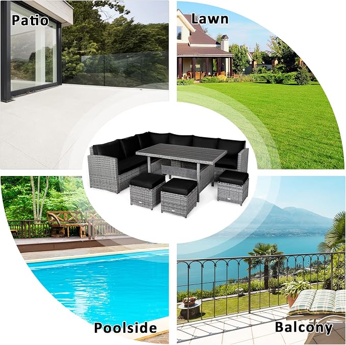 Tangkula Patio Furniture Set for 6, 7 Piece All Weather Heavy Duty PE Wicker Sectional Sofa with Dining Table and Ottomans, Rattan Conversation Set for Backyard, Deck, Poolside