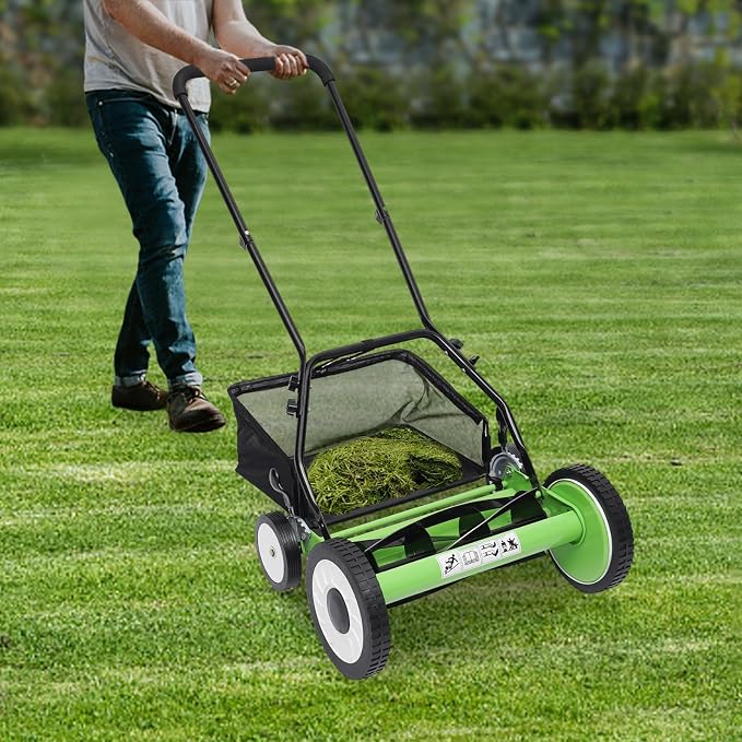 16-Inch 5-Blade Cordless Manual Reel Lawn Mower, Adjustable Cutting/Handle Height Grass Cutter with Grass Catcher, Green