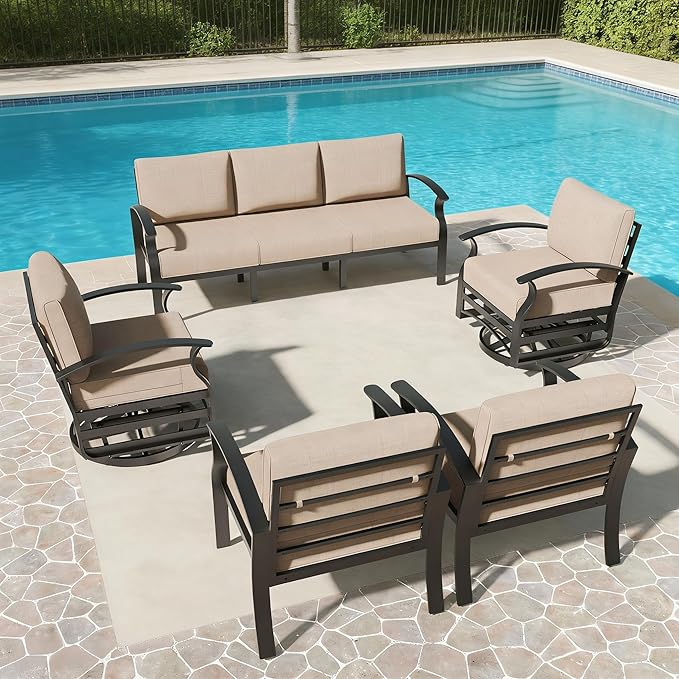 Aluminum Outdoor Patio Furniture Set,5 Pieces 7 Seats Patio Conversation Sets with 2 Swivel Rocking Chairs,Metal Patio Sectional Furniture Set with 5.1" Thickened Cushions,Sand