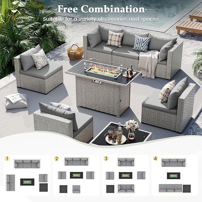UDPATIO Patio Furniture Set with Fire Pit Table, 8 Pieces Outdoor Sectional Sofa, PE Wicker Patio Conversation Set for Garden, Backyard Grey