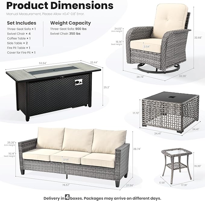ovios 9 Pieces Patio Furniture Set, Outdoor Wicker Sofa Couch with Rocking Swivel Chairs Fire Pit Table, Modern Deep Seat Rattan Conversation Sets for Deck Porch, Beige