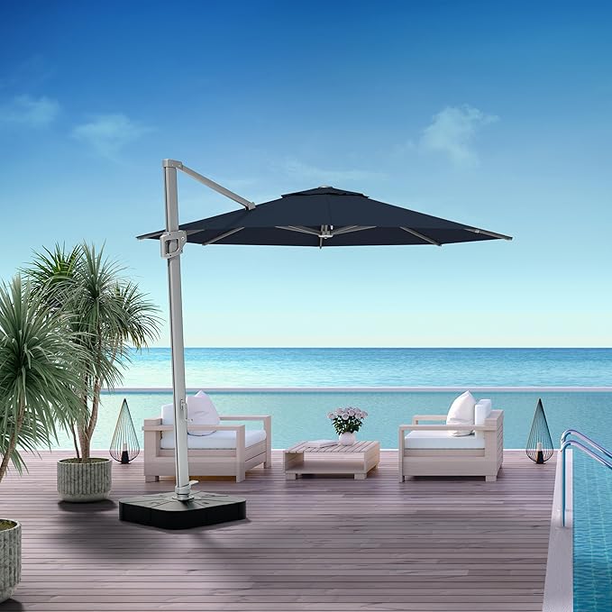 Midtown Umbrellas 10 Ft Outdoor Cantilever Patio Umbrella w/Sunbrella Canvas Navy Fabric - 360° Rotate Offset Patio Umbrella, Deck Patio Umbrella, Backyard Umbrella & Garden Umbrella - Silver Frame
