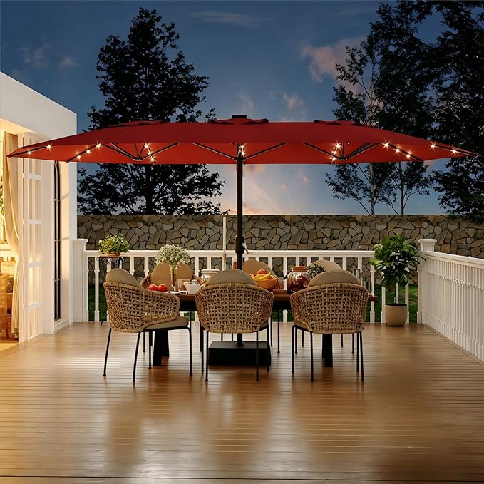 Garvee 15 ft Rectangular Patio Umbrella with Base Included - Large Patio Umbrella with Crank Handle 36 LED Lights, UV Protection for Outdoor Market, Backyard, Deck, Pool, Red
