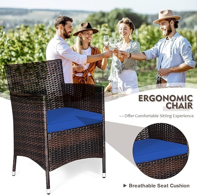 DORTALA 3 Piece PE Rattan Patio Furniture Set, Outdoor Chairs & Table Set with Tempered Glass Top & Cushions, Wicker Conversation Set for Garden Backyard, Navy