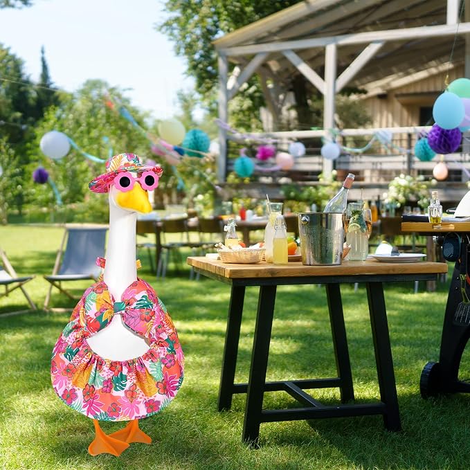 Hawaiian Bikini Goose Outfits Summer Beach Porch Goose Outfit 23 Inch Goose Floral Bathing Suit with Sunglasses & Hat for Fun Outdoor Garden Yard Decor(Tropical Floral)