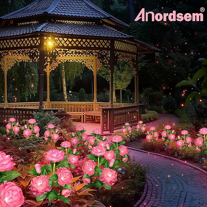 Anordsem Solar Garden Lights Outdoor: 20 Artificial Fabric Pink Roses Flowers 4 Pack- LED Flower Decorations for Cemetery Grave Pathway Yard- Valentine's Day Gifts for Women, Wife and Mother