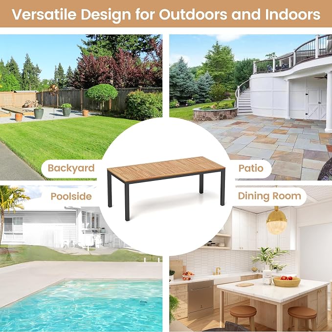 RELAX4LIFE Patio Outdoor Dining Table for 8, 79’’ x 35.5’’ Acacia Wood Rectangular Table w/Slatted Top, Umbrella Hole & Metal Legs, Indoor Outdoor Picnic Bistro Table, 8-Person Patio Dining Table
