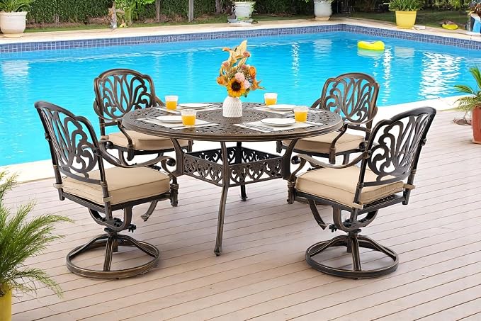 Outdoor Dining Set Cast Aluminum Retro Patio Dining Set with Thicker Cushion and Umbrella Hole for Patio Deck (Bronze Swivel Chair(Elizabeth), 5 Pcs(54" Round Table))