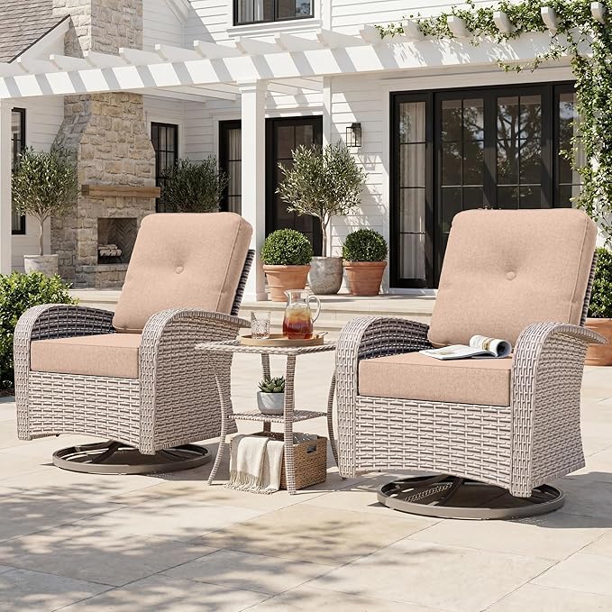 Patio Wicker Chairs Swivel Rocker, Outdoor Swivel Glider Rocker Chairs with Rattan Side Table, All Weather Conversation Set for Porch Poolside Balcony,Beige