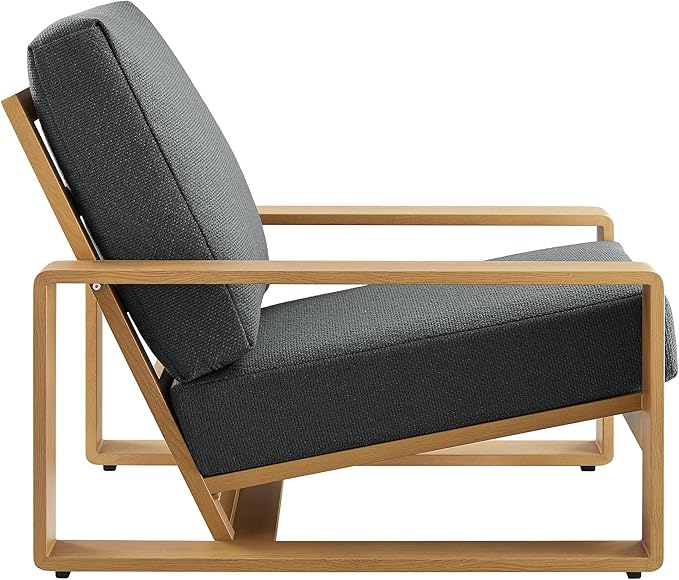 Modway Lirienne Aluminum Faux Wood 4-Piece Outdoor Furniture Set in Charcoal Natural – Patio Conversation Set with 3-Seater Sofa, 2 Armchairs & Coffee Table