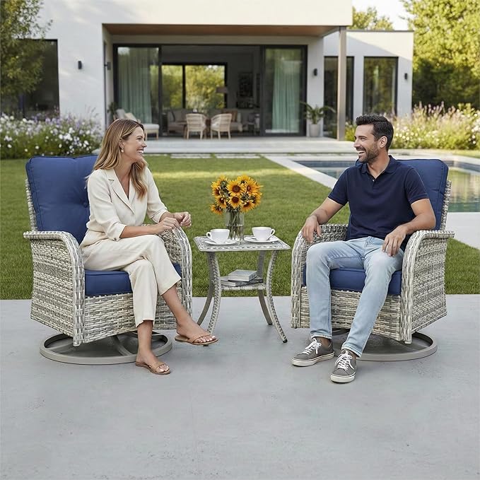 3-Piece Small Patio Furniture Set, Outdoor Swivel Rocking Chairs Set with Wicker Chairs and Tempered Glass Side Table, Outdoor Furniture Patio Bistro Set for Balcony, Deck, Porch