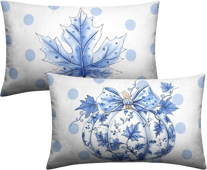 Fall Lumbar Pillow Covers Blue and White Porcelain Maple Leaf Pumpkin Throw Pillow Covers 12x20 Set of 2 Autumn Blue Polka Dot Pillowcase Thanksgiving Cushion Case for Couch Sofa