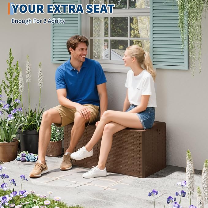 99 Gallon Large Outdoor Storage Box - Waterproof Resin Deck Box with Lockable Lid & Gas Struts, All-Weather Patio Storage Bench for Cushions, Pool Toys, Garden Tools, Rattan Texture, Brown
