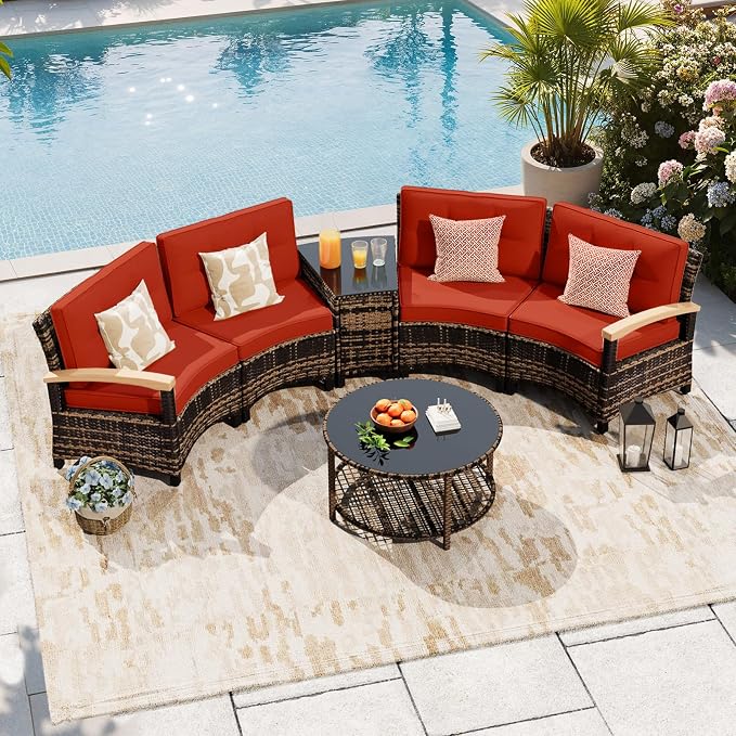 MEISSALIVVE 6-Piece Half-Moon Curved Outdoor Patio Furniture Set, Sectional Conversation Sofa with Wood Armrests, Coffee & Side Tables for Backyard Deck Garden, Red