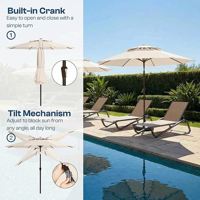 Patio Umbrella, 2 Tier Outdoor Table Umbrella, Large Vented Market Umbrellas with Push Button Tilt and Crank, 8 Sturdy Ribs for Backyard, Deck, Pool, UPF50+ UV Protection