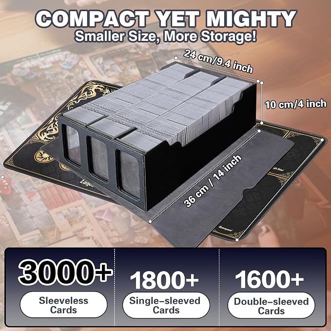 PROMAXIBINDER MTG Trading Card Storage Box with Playmat Fits 3000+ Cards, B-Row Commander Deck Case, 3 Display Windows, 6 Movable Partitions, 24 Dividers, for Magic/TCG/YuGiOh/Sport (Black&Grey)
