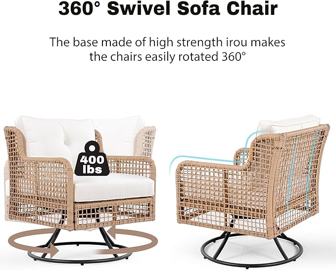 4-Piece Outdoor Wicker Sectional Sofa Set, All Weather Patio Conversation Set with 3-seater Sofa, 2 Swivel Chairs and Coffee Table, Cushions, Suitable for Poolside Backyard Deck (Beige-Swivel)