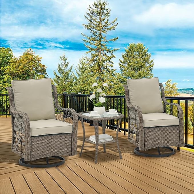 GarveeHome 3 Piece Outdoor Patio Set, Wicker Rocking Bistro Set with 2 Swivel Chairs & Tempered Glass Top Table, Rattan Outdoor Furniture with Cushions for Patio Porch Backyard