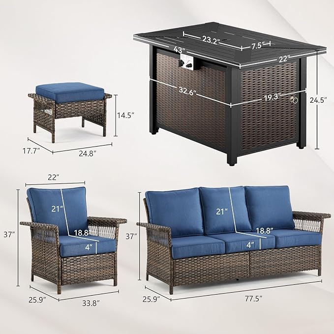 Patio Furniture Set with Fire Pit Table, 6PCS Patio Conversation Set Brown Resin Wicker Patio Chair Sofa Ottoman with 43in Rectangular Iron Outdoor Fire Table PE Rattan Furniture