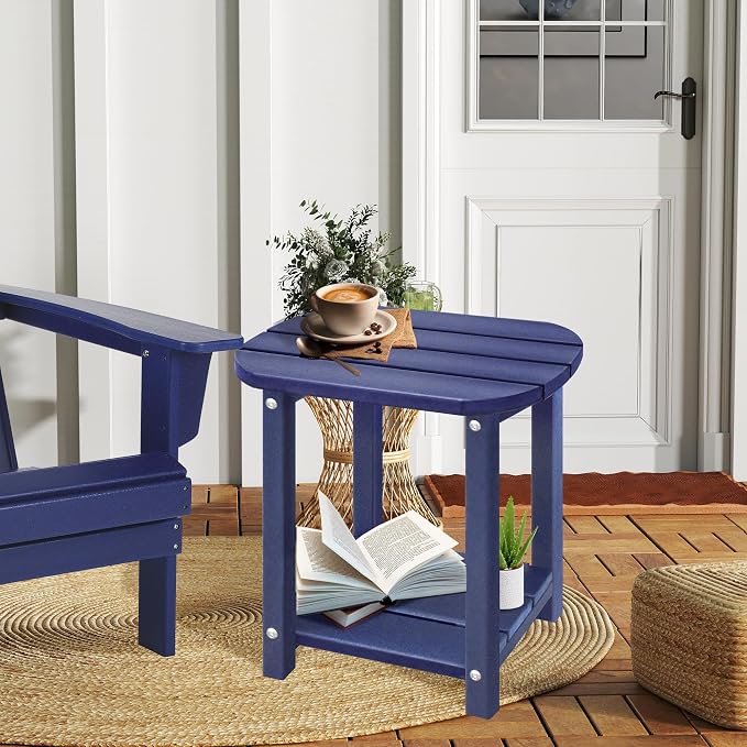 LZRS Patio End Table, Heavy Duty HDPE Outdoor Coffee Table with Wood Texture, Weatherproof Composite Table for Adirondack Chairs, Deck, Pool, Indoor/Outdoor, No Peeling Cracking(Navy Blue)