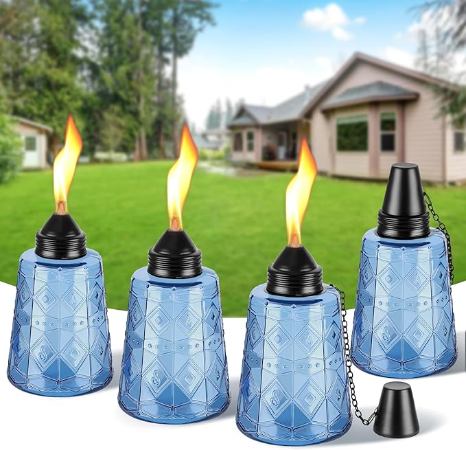 4-Pack Glass Table Top Torches - 12oz Refillable Citronella Torches Canisters for Outdoor, Includes Wick & Cap, Decorative Lanterns for Patio, Garden, Yard, Party, Landscape(Blue)