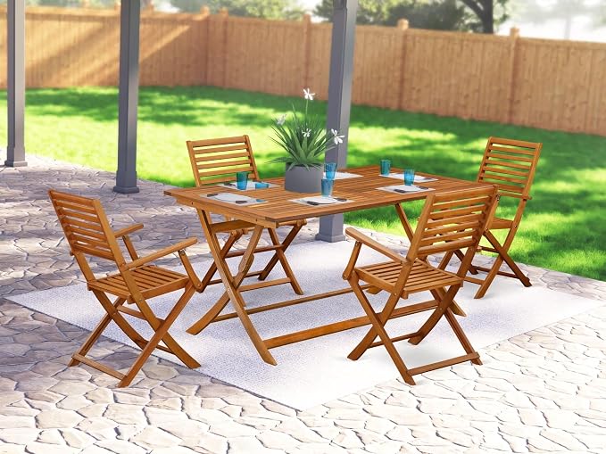 East West Furniture AEBS5CANA 5 Piece Patio Garden Table Set Includes a Rectangle Outdoor Acacia Wood Dining Table and 4 Folding Arm Chairs, 36x60 Inch, Natural Oil