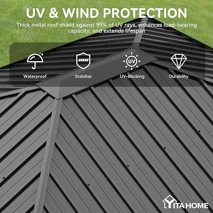 YITAHOME 10X12FT Hardtop Metal Gazebo Single Top Outdoor Patio Canopy Galvanized Iron Aluminum Column Garden Tent Curtains Netting for Backyards Decks Lawns,Brown